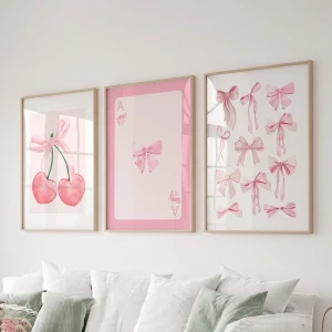 Trendy Pink Bows Poster Wall Art Set of 3